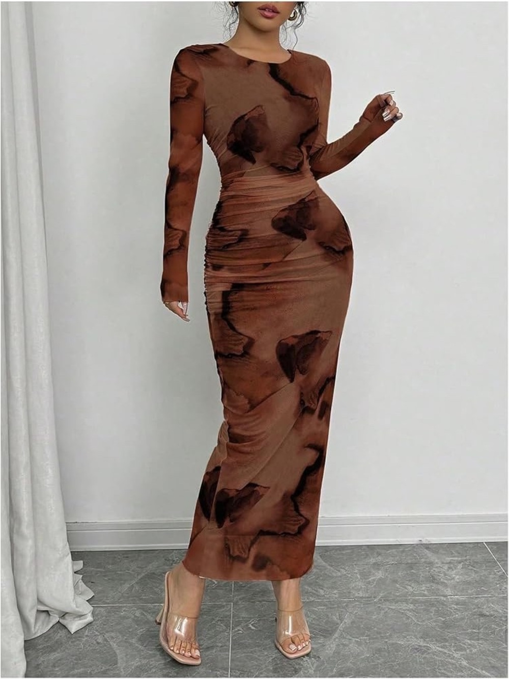 SHEIN Brown Marble-Print Long Sleeve Bodycon Maxi Dress